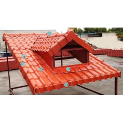 1) Πλαστικό κεραμοειδές φύλλο 2) Κορφιάς 3) Τερματικό ελεύθερης στέγης-ενδεικτικός τύπος 5) Τερματικό τεμάχιο επαφής με τοίχο 6) Τερματικό στέγης μπροστά 7) Βίδα με διακοσμητικό καπάκι